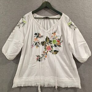 Calessa Floral Embroidered 3/4 Balloon Sleeve Tunic Top XL Boho Colorful Tassled